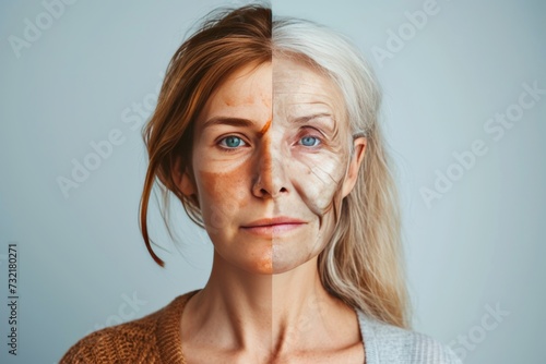 Aging skin barrier. Comparison young to old woman accepting. Less Wrinkles, facial line, aging, lines through skincare, anti aging cream, mutter and face lift photo