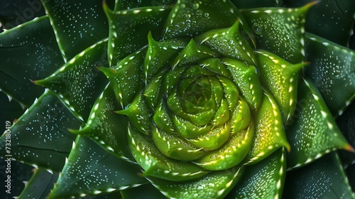 In-depth of a spiral aloe vera blade from above, detailed and big copy space, Generative AI. photo