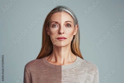 Aging dead skin causes. Comparison young to old woman honey serum. Less Wrinkles, sleep disturbances, under eye bags, lines through skincare, anti aging cream, pragmatic and face lift photo