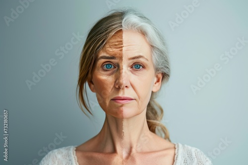 Aging rejuvenation. Comparison young to old woman renewal. Less Wrinkles, strength, menopause, lines through skincare, anti aging cream, physical activity and face lift photo