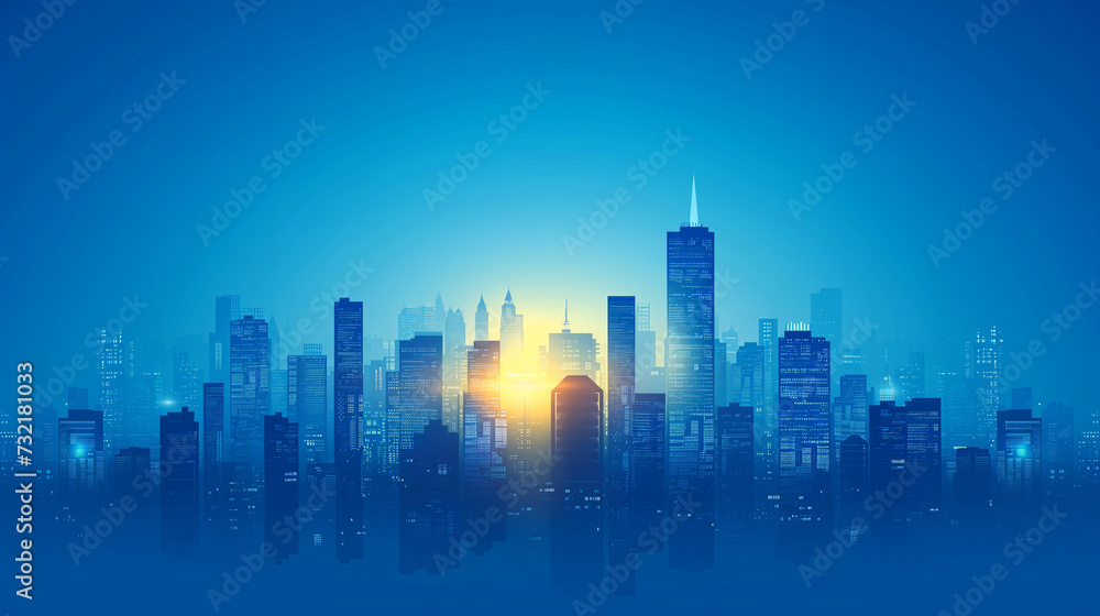 Urban Sunset: City Skyline Silhouette Over Water with Skyscrapers, Reflecting Buildings, and Dramatic Sky at Dusk