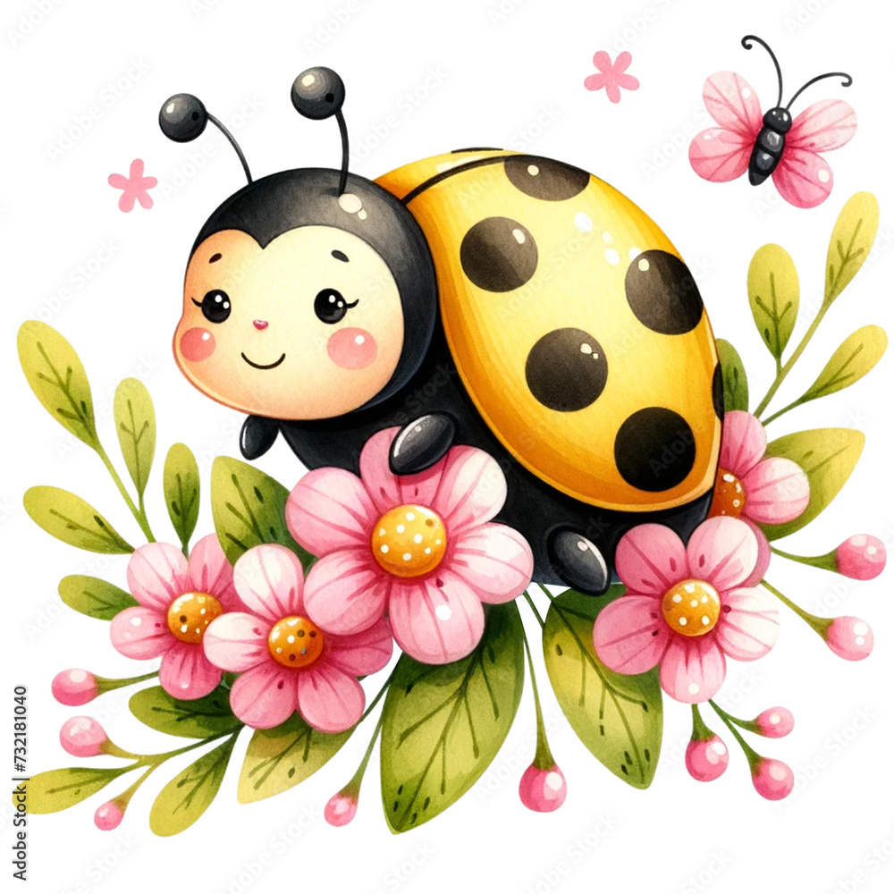Naklejka premium cute watercolor ladybug,spring animals,couple ladybug