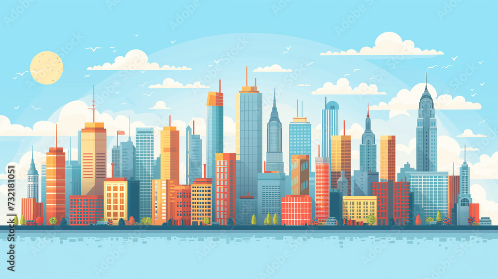 Fototapeta premium Urban Sunset and Night Cityscape Illustration with Skyline, Skyscrapers, and Business Towers in 3D Vector Design