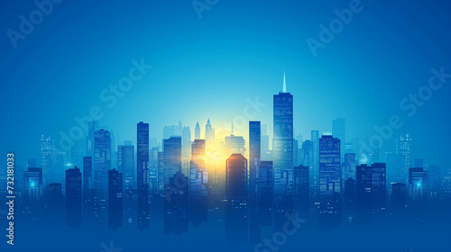 Urban Sunset: City Skyline Silhouette Over Water with Skyscrapers, Reflecting Buildings, and Dramatic Sky at Dusk