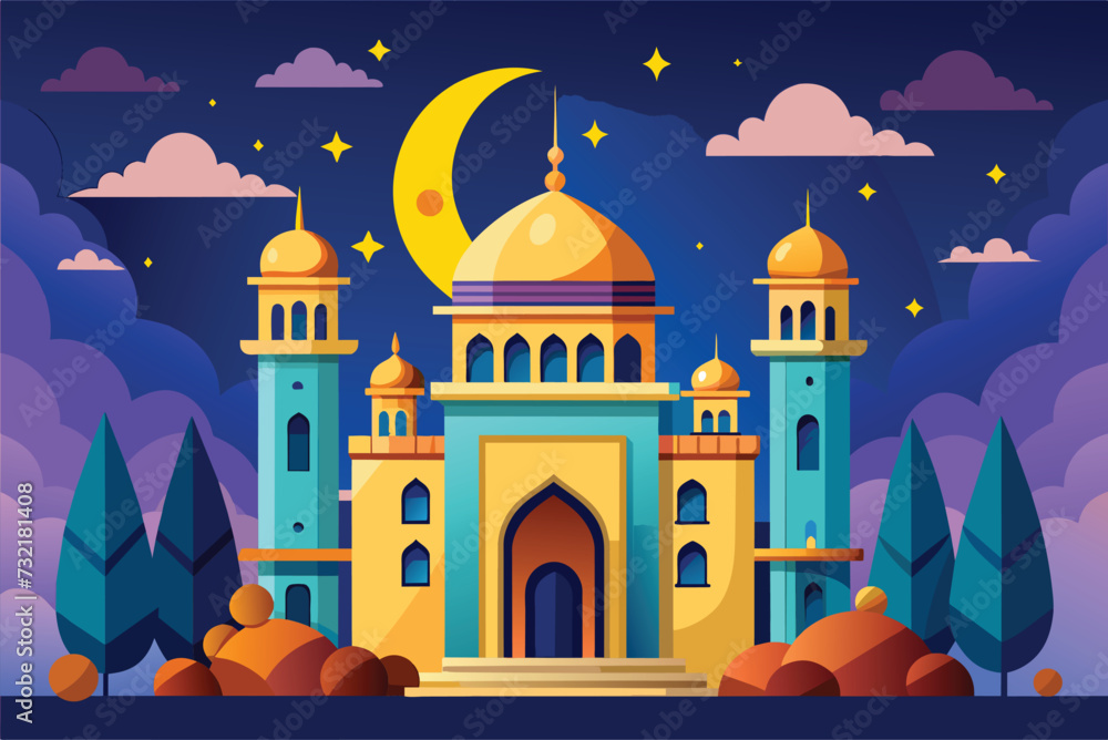 muslim mosque flat style vector illustration. background for ramadan kareem, eid mubarak greetings