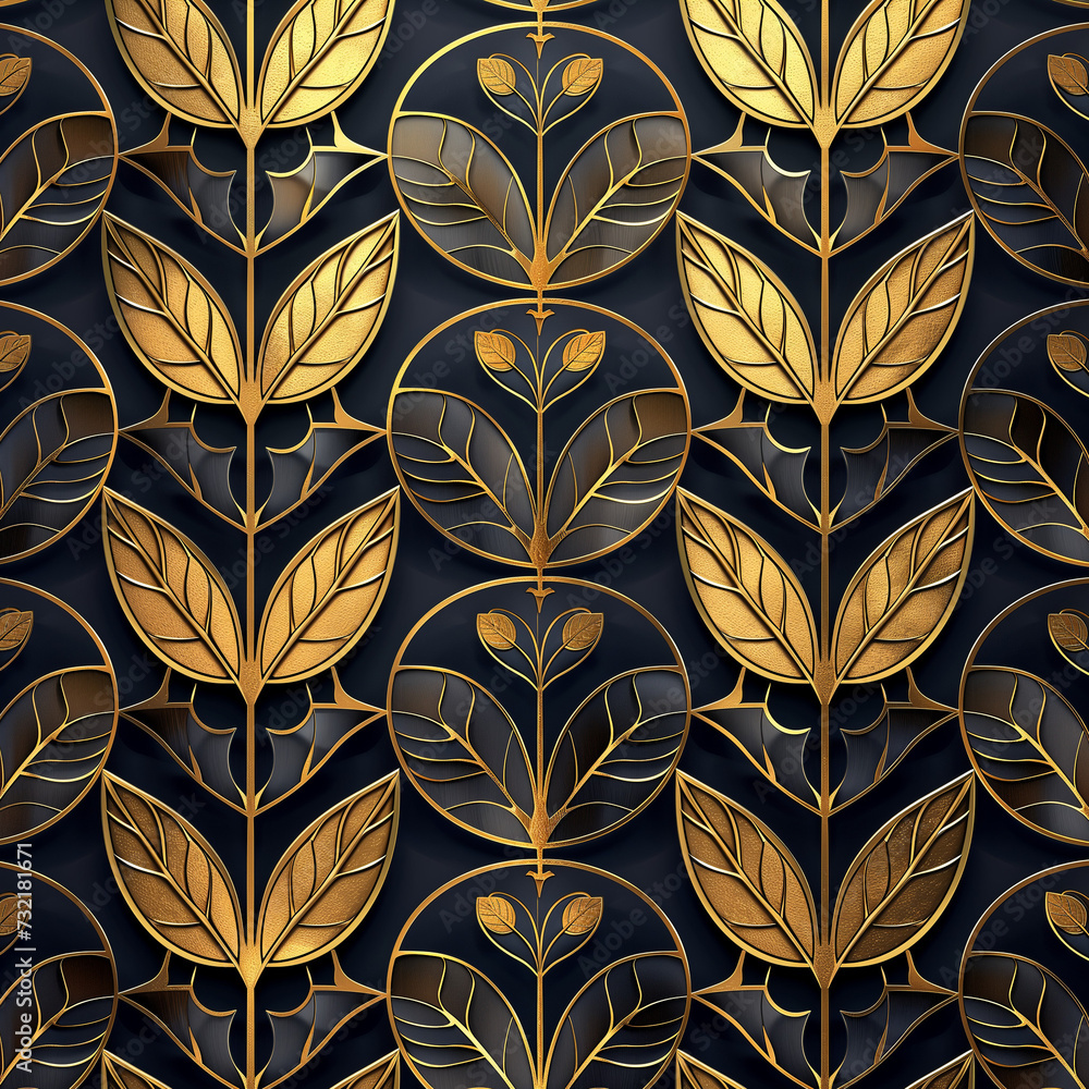 Fototapeta premium Geometric Autumn Leaves Seamless Pattern in Vibrant Orange and Yellow Tones with 3D Glass Mosaic Effect, Ideal for Wallpaper, Decoration, and Illustrative Design