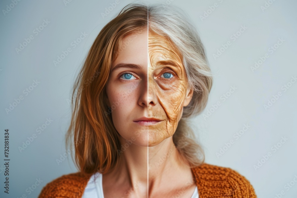Aging whiteheads. Comparison young to old woman chronological aging