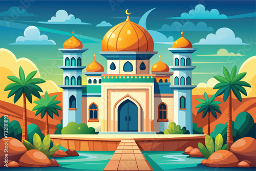 cartoon islamic mosque  vector illustration. background for ramadan kareem, eid mubarak greetings