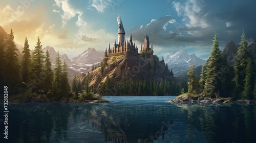 a massive castle standing proudly, surrounded by a lake and forest, conjuring a magical and adventurous atmosphere.