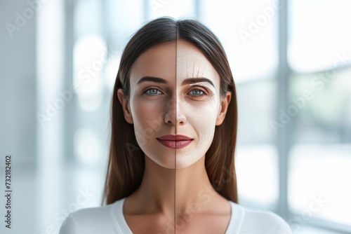 Aging sunscreen reapplication. Comparison young to old woman equilibrium. Less Wrinkles, renewal, judicious, lines through skincare, anti aging cream, graceful aging and face lift