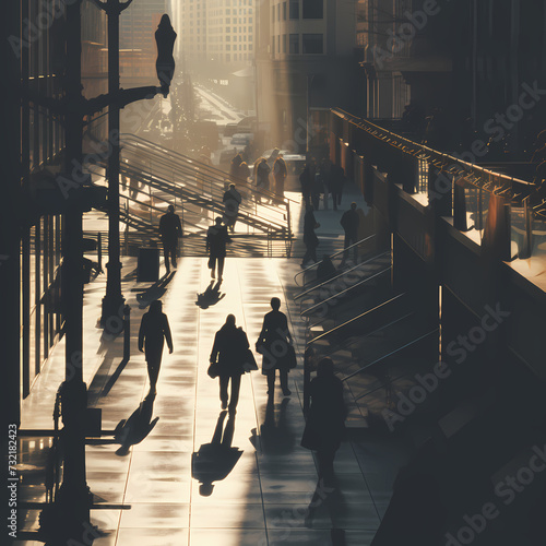 Shadows of people walking in a city. 