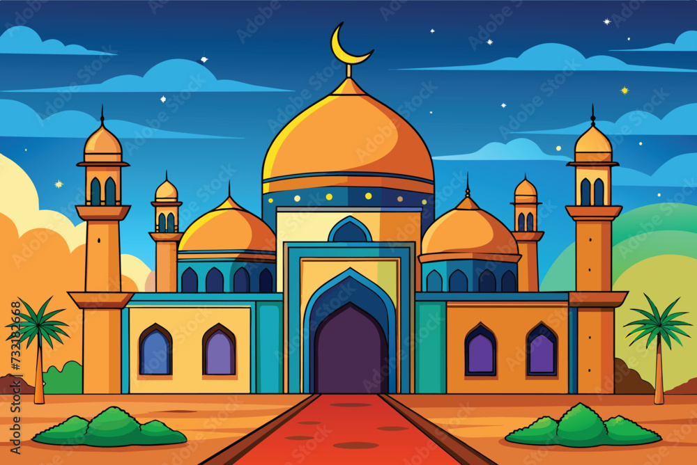 cartoon islamic mosque  vector illustration. background for ramadan kareem, eid mubarak greetings