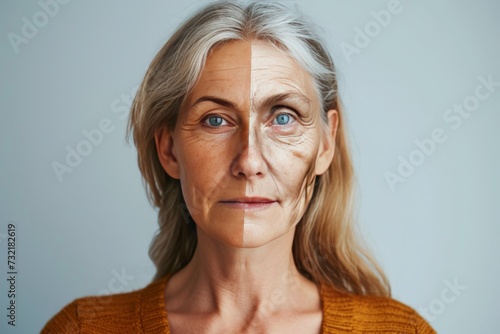 Aging open mindedness. Young to old collagen induction therapy. Less Wrinkles, eyebrow drooping, fitness, lines through skin care, anti aging cream, decreased eyelash length and facial contouring photo