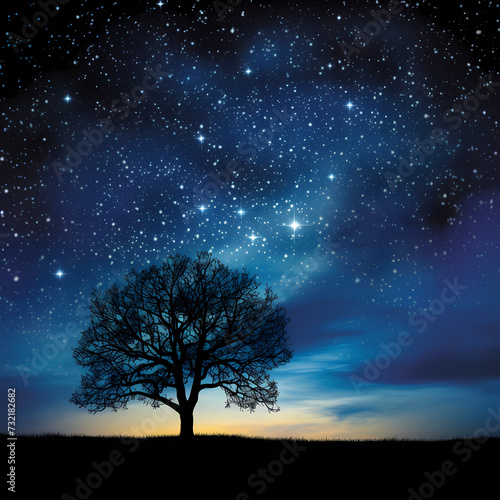 Starry night sky with a silhouetted tree. 