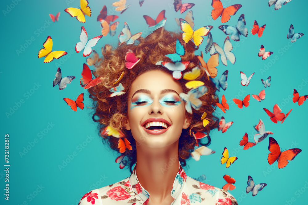 Surreal portrait of a smiling girl with butterfly on her head with solid blue aqua background. Abstract photo in pop art collage style