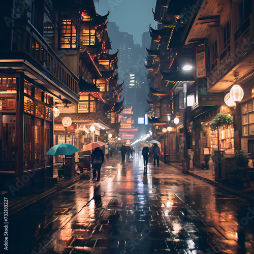 A bustling city street during a rainy night.