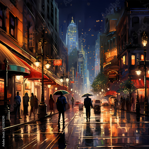 A bustling city street during a rainy night.