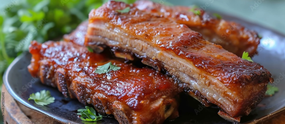 A delicious dish featuring a close up of beef or pork ribs glazed with sauce. Perfect for food enthusiasts who love cooking with animal products and enjoy indulging in red meat recipes.
