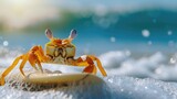 A cute crab surfer enjoys a fun-filled summer day at the beach, riding waves with enthusiasm, Ai Generated.