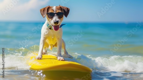 A cute dog surfer enjoys a fun-filled summer day at the beach, riding waves with enthusiasm, Ai Generated. © Crazy Juke