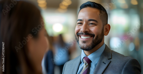 Charismatic latin Businessman Sharing a Laugh with Colleagues in a Modern Corporate Environment, Networking and Morale in the Workplace Concept