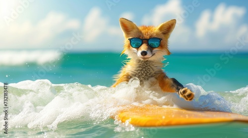 A cute fox surfer enjoys a fun-filled summer day at the beach, riding waves with enthusiasm, Ai Generated.