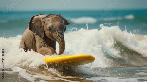 A cute elephant surfer enjoys a fun-filled summer day at the beach, riding waves with enthusiasm, Ai Generated.