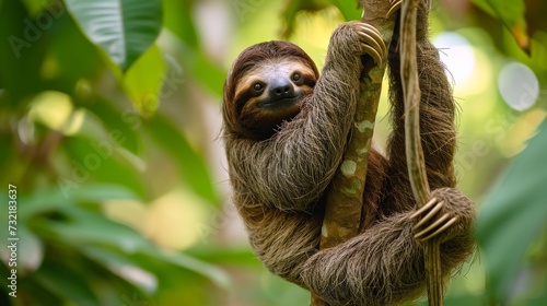Relaxed sloth hangs lazily from a branch, embodying tranquility in its natural habitat, Ai Generated. © Crazy Juke