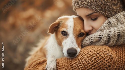Woman in a cozy sweater embraces her dog warmly, sharing a moment of love and companionship, Ai Generated. © Crazy Juke