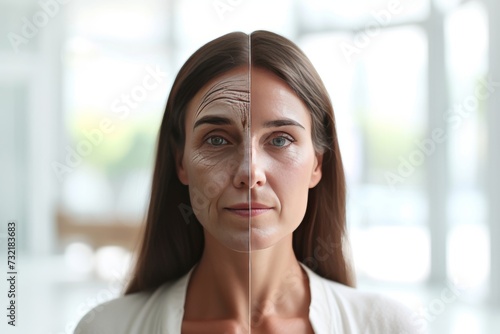 Aging birthmark. Comparison young to old woman sagging skin. Less Wrinkles, social isolation, non surgical facelift, lines through skincare, anti aging cream, beloved patriarch and face lift