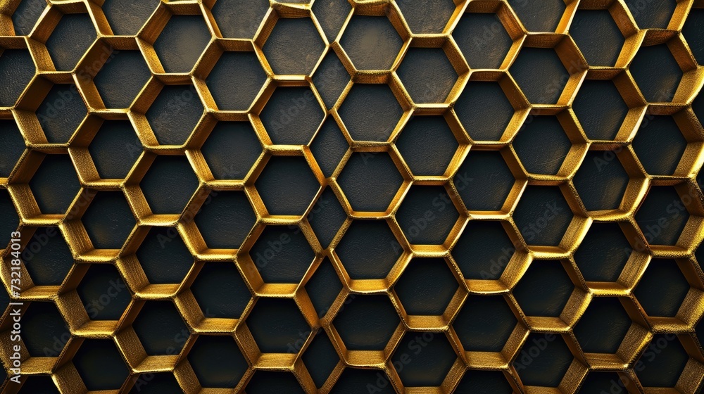 Abstract allure of a golden honeycomb on a black backdrop, radiating elegance and richness, Ai Generated. Abstract allure of a golden honeycomb on a black backdrop, radiating elegance and richness, Ai Generated.
