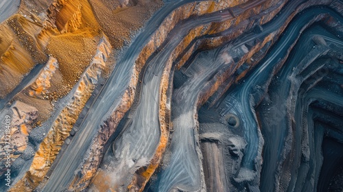 Drone's eye view captures industrial terraces on a mineral mine in opencast mining, Ai Generated.