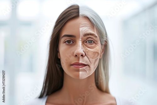 Aging skin laxity. Comparison young to old woman age skin conditions. Less Wrinkles, similar to, desquamation, lines through skincare, anti aging cream, price comparison and face lift