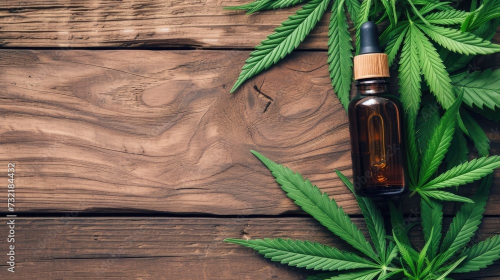 Bottle of medical cannabis oil placed beside a hemp leaf, symbolizing natural remedies, Ai Generated. - obrazy, fototapety, plakaty 