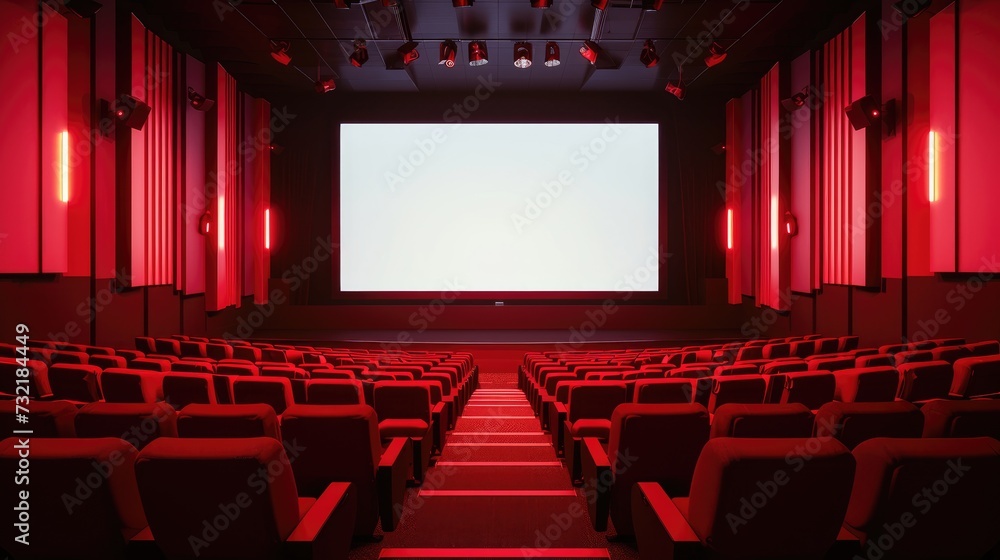 The empty cinema hall features a striking red color scheme and a white blank screen, Ai Generated.