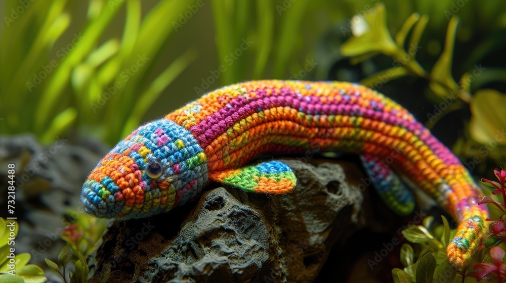 Fototapeta premium Crocheted eel toy vibrant backdrop, handcrafted and adorable, Ai Generated
