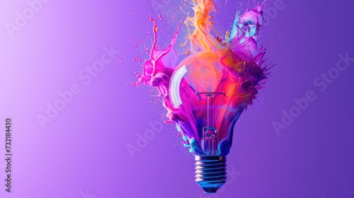 Imaginative concept featuring a colorful lightbulb crafted from liquid paint on a vibrant purple background, Ai Generated.
