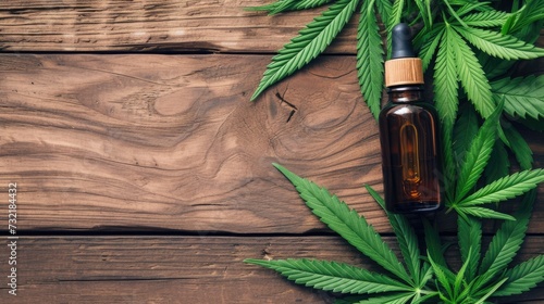 Bottle of medical cannabis oil placed beside a hemp leaf, symbolizing natural remedies, Ai Generated.