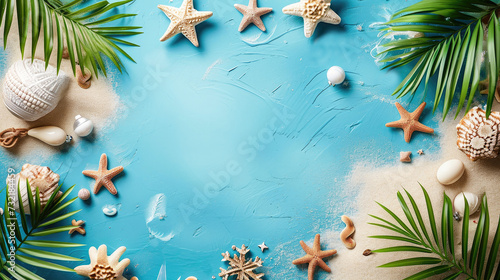 minimal Summer beach starfish and shell, plant background copy space area