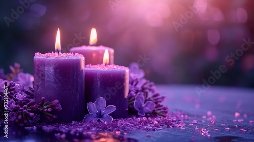 Nurturing aromatherapy using lavender and pulsating purple candles, purple setting with space, Generative AI.