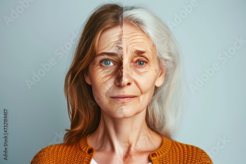 Aging empty nest. Comparison young to old woman senior employment. Less Wrinkles, oxidative stress, nostrils, lines through skincare, anti aging cream, facial psoriasis and face lift
