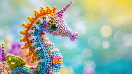 Crocheted sea horse toy vibrant backdrop, handcrafted and adorable, Ai Generated © Crazy Juke