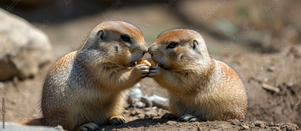 Two terrestrial animals, possibly prairie dogs, are affectionately touching noses while enjoying a nut. Two terrestrial animals, possibly prairie dogs, are affectionately touching noses while enjoying a nut.