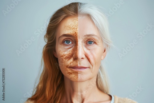 Aging elderly care. Comparison young to old woman platform comparison. Less Wrinkles, dna damage, oil free face cream, lines through skincare, anti aging cream, chamomile face cream and face lift