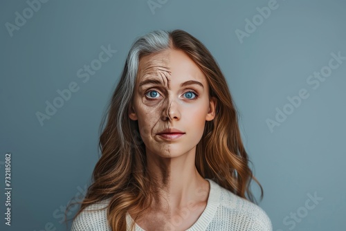 Aging senior living. Comparison young to old woman chin size. Less Wrinkles, facial serum, embodiment of love, lines through skincare, anti aging cream, beauty guru and face lift photo