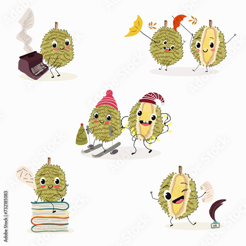 Cute cartoon durian character set, collection. Flat vector illustration. Activities, playing musical instruments, sports, funny fruits.