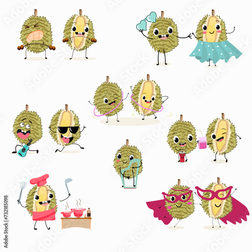 Cute cartoon durian character set, collection. Flat vector illustration. Activities, playing musical instruments, sports, funny fruits.