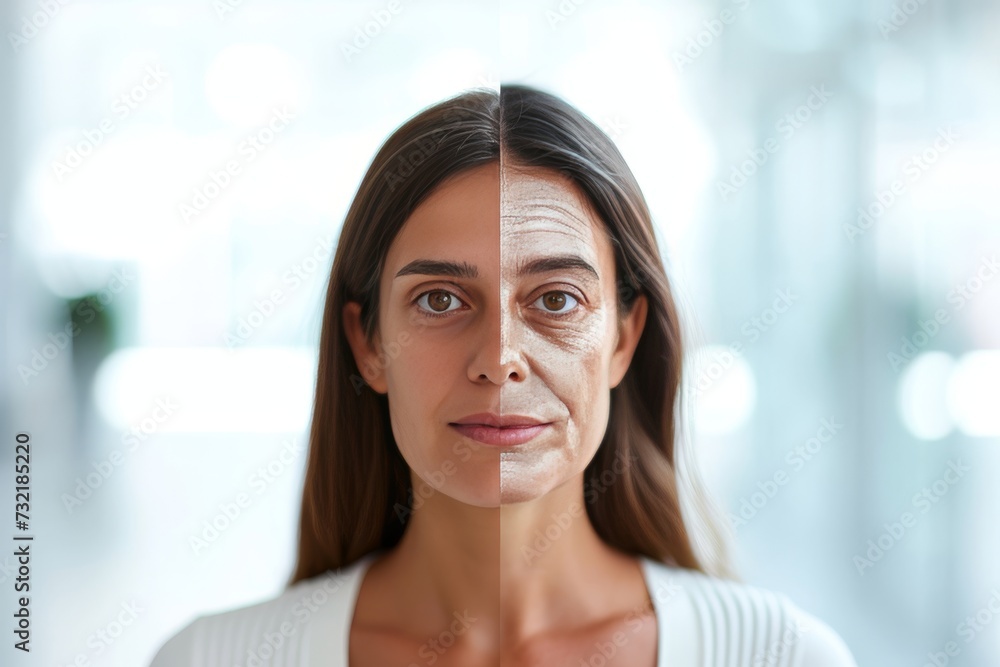 Aging lifestyle rejuvenation. Comparison young to old woman dehydrated skin. Less Wrinkles, caloric restriction, depression, lines through skincare, anti aging cream, facial cysts and face lift