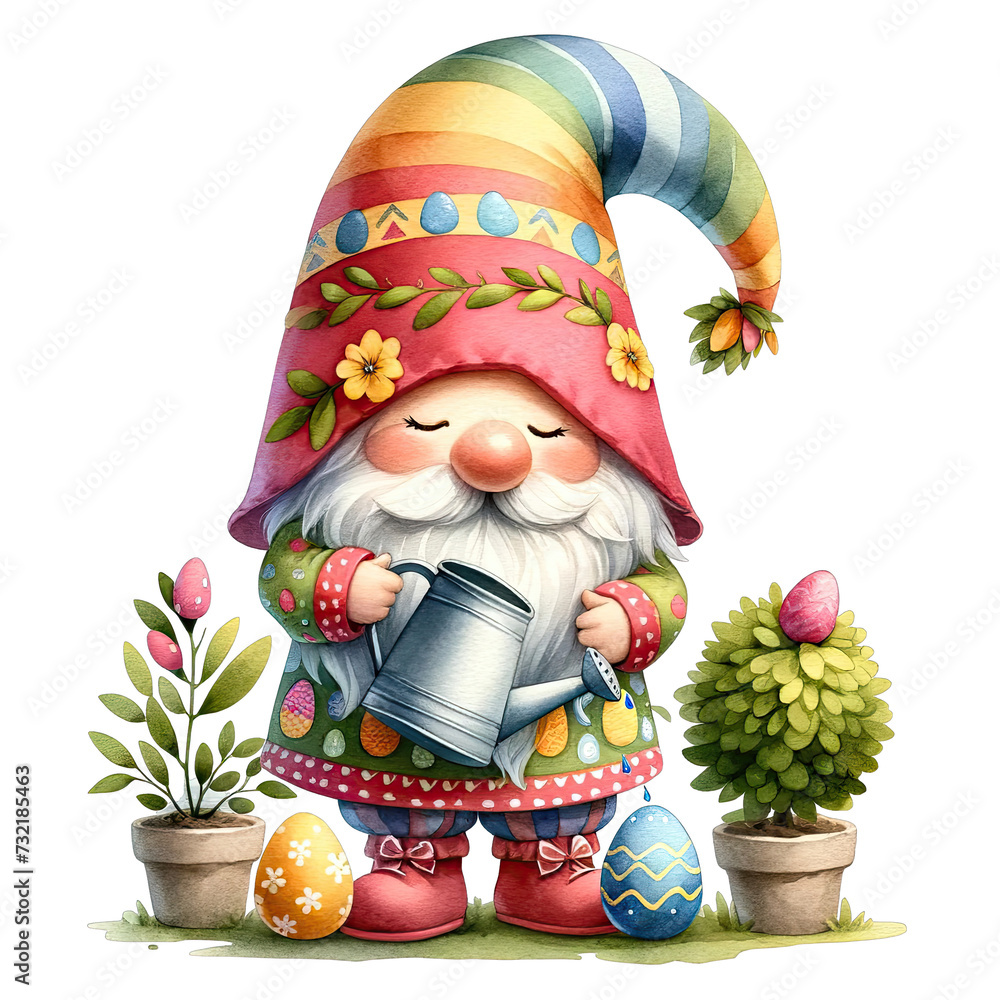 Cute Easter Gnome with Easter Egg and Easter Sign for Happy Easter Party, Watercolor Easter Gnomies in Nursery Art Style