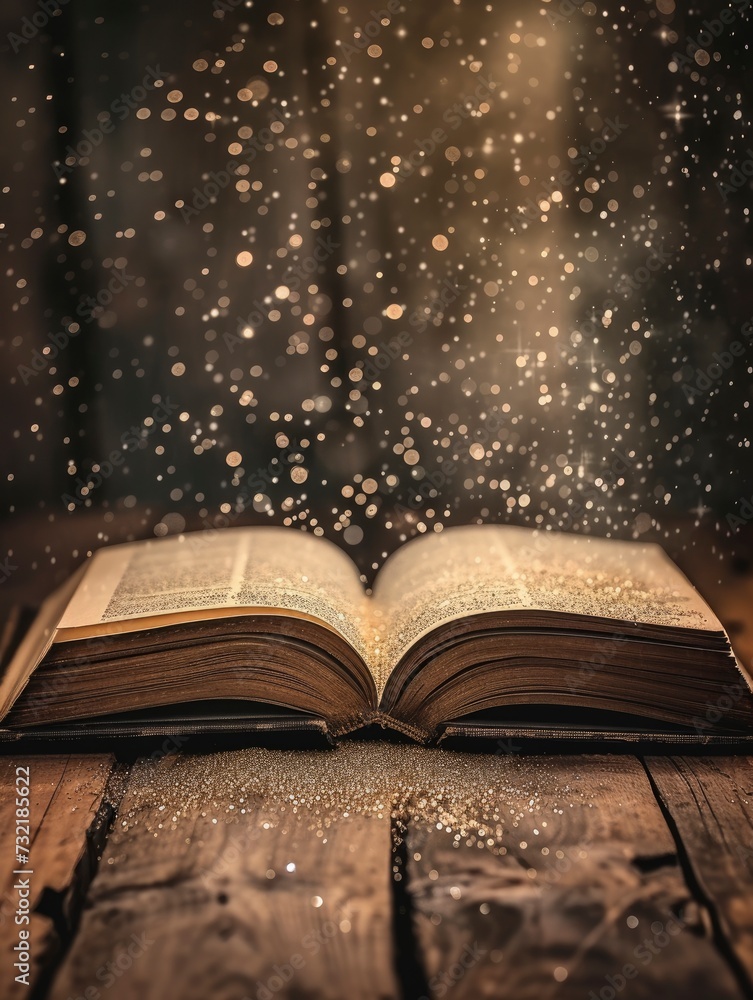 image of open antique book on wooden table with glitter overlay, realistic, HD, copy space - generative ai image of open antique book on wooden table with glitter overlay, realistic, HD, copy space - generative ai